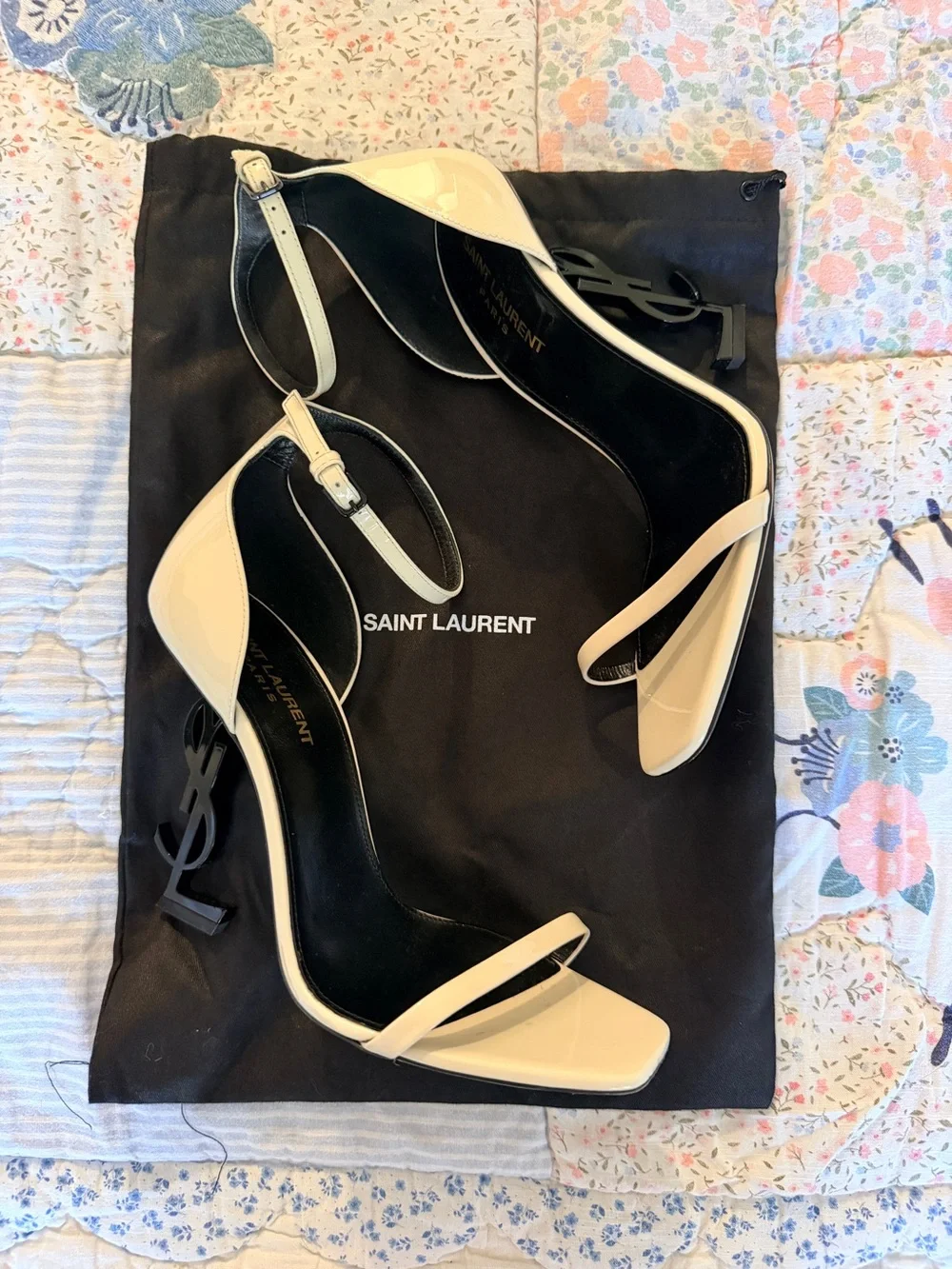 Saint Laurent Cream Patent Leather YSL-Heel Sandals